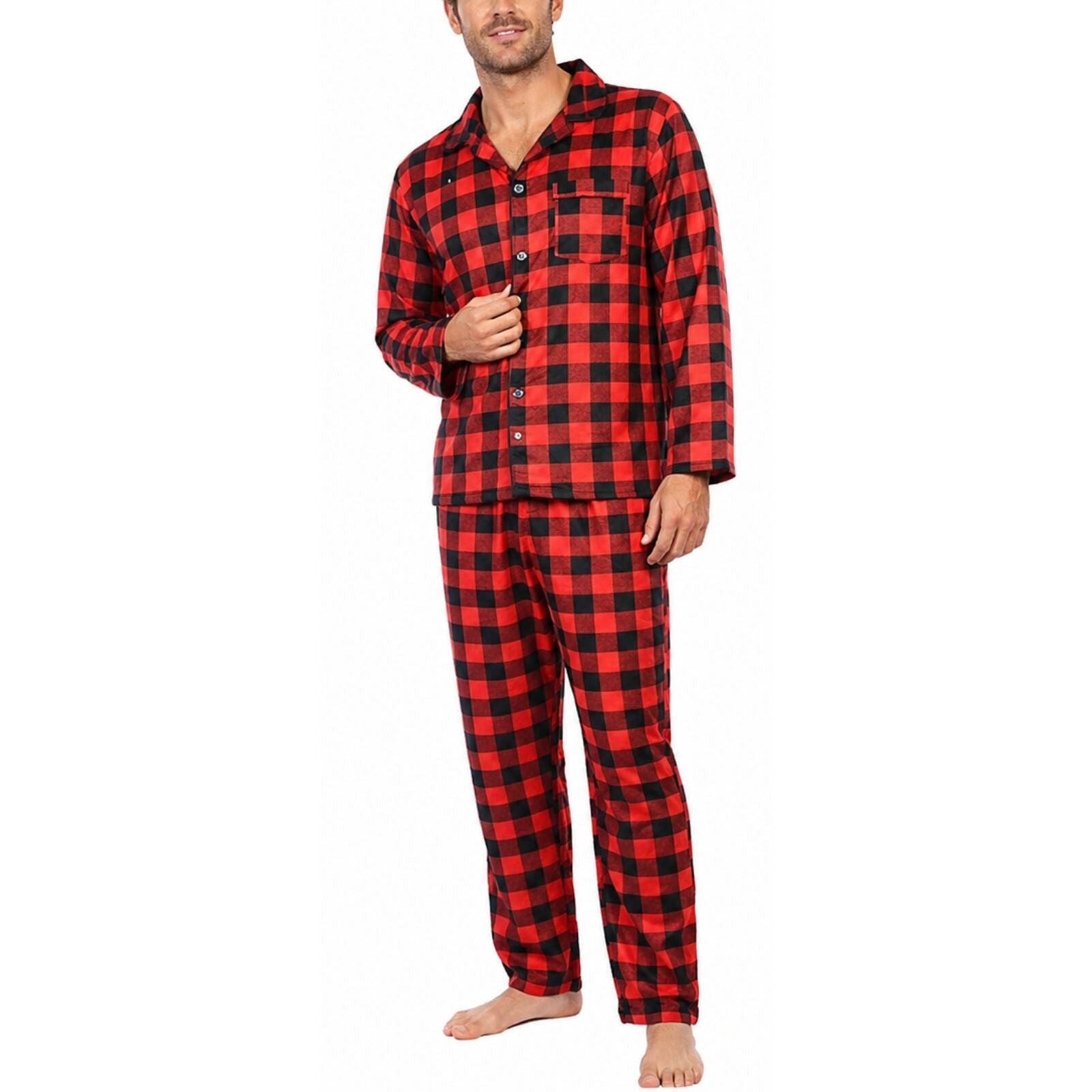 Mens Flannelette Pyjama Set 100% Cotton Long Sleeve Pants Soft Warm PJs - Red
